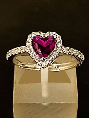 Silver heart ring fuchsia with zircon adjustable 925