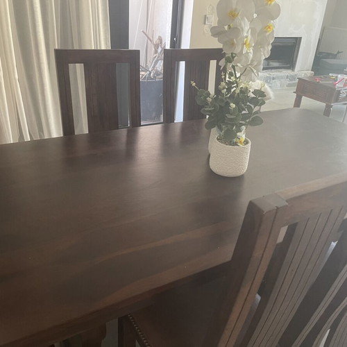 Monastic solid wood dining table with 6 leather chairs and carved coffee table