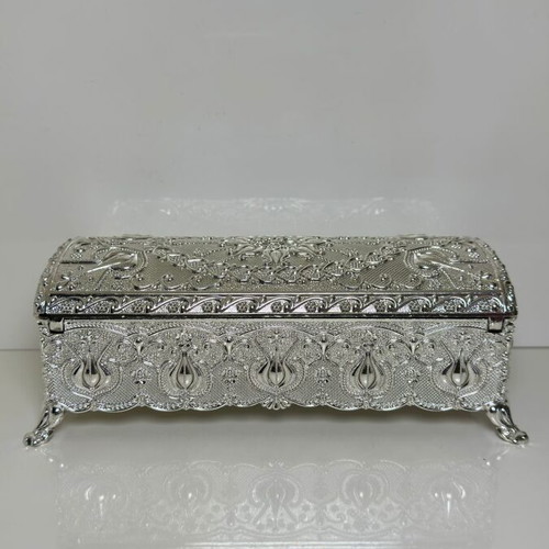 Metallic Ornate Jewelry Box with Oriental Embossed Design and Velvet Lining
