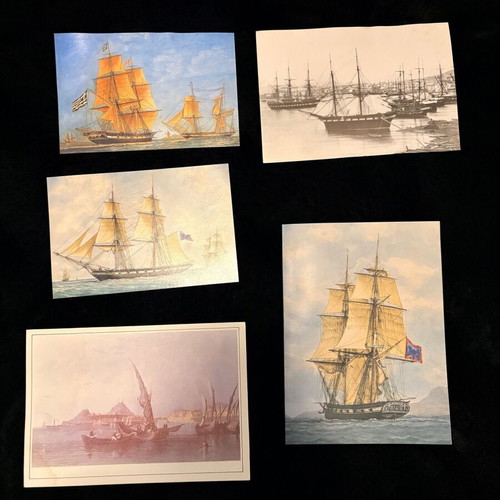 Set of 5 collectible postcards with historic ships and seascapes like new