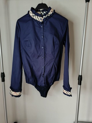 Long-sleeve bodysuit shirt like new, dark blue with checkered ruffles