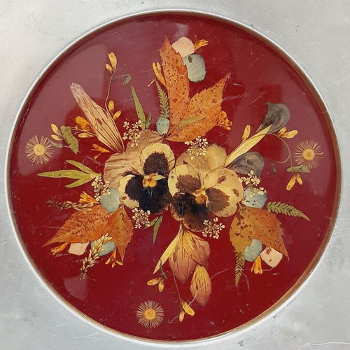 Decorative Pewter Plate with Real Dried Flowers under Resin, 30.5 cm, 1960s