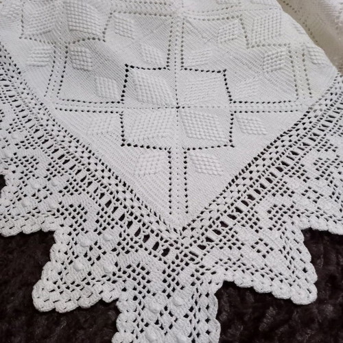 Handmade double knitted blanket new, white with lace