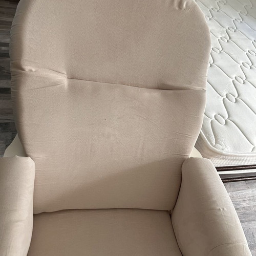 Rocking nursing chair like new, white wooden frame, beige fabric
