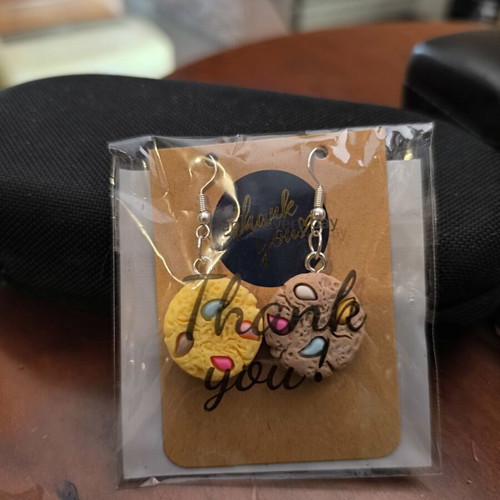 Dangling earrings cookie design new, beige and yellow