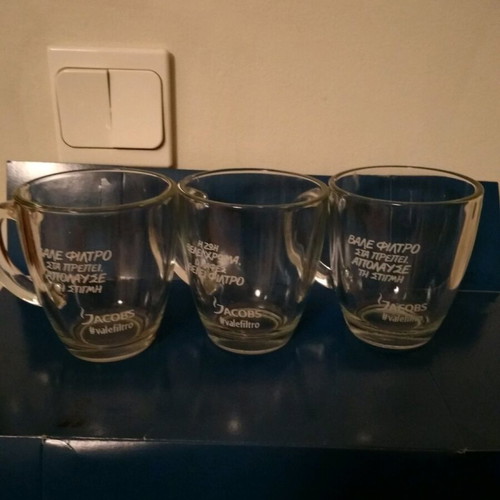 Glass coffee mugs like new with Jacobs logo, set of 3