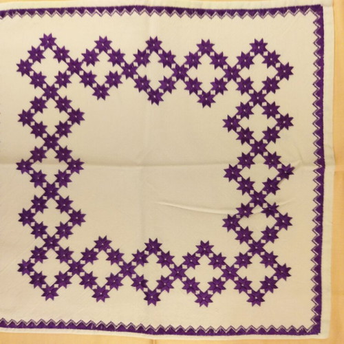 Handicrafts used, set of three table linens with purple star pattern