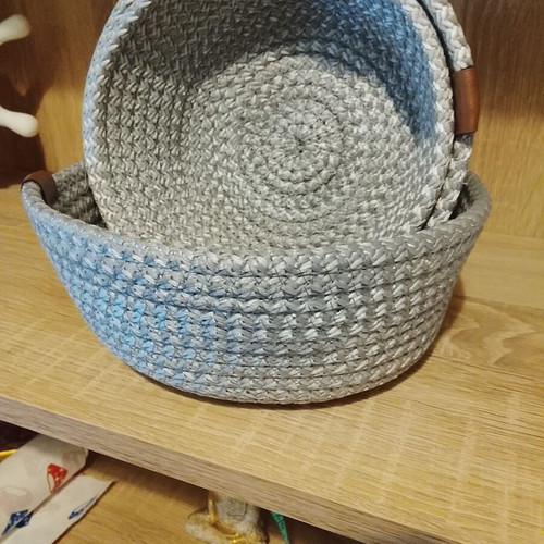 Set of 3 decorative fabric storage baskets with leather details, new
