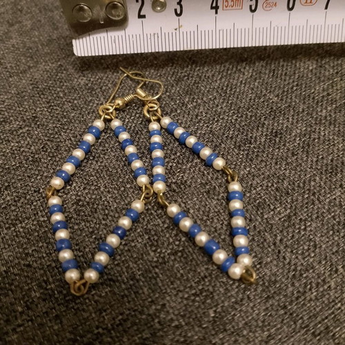Beaded dangling earrings used, white and blue, handmade