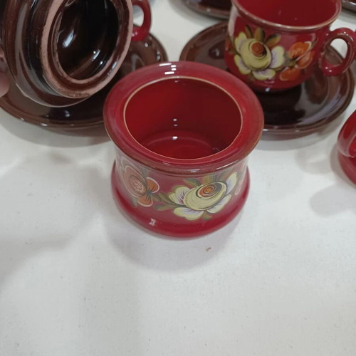 Hand-painted ceramic tea set with 6 cups, saucers, creamer and sugar bowl
