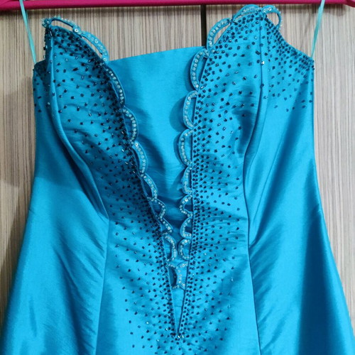 Strapless satin dress turquoise like new with embroidery and rhinestones