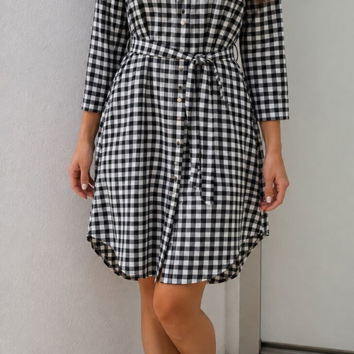 Black and White Gingham Shirt Dress with Waist Tie, One Size