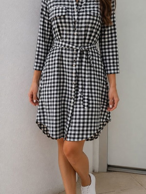Black and White Gingham Shirt Dress with Waist Tie, One Size