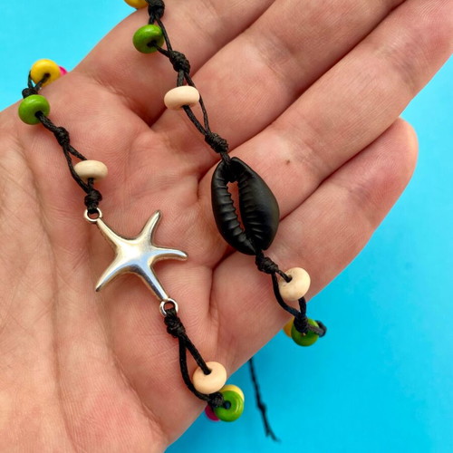Anklet set with stainless steel starfish, cowrie shell and colorful beads new