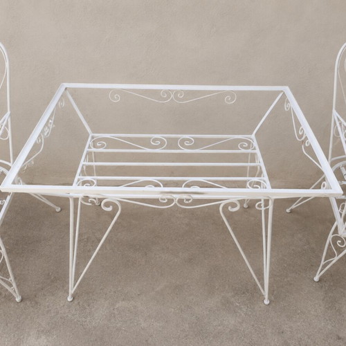 Wrought iron garden dining set with table, 4 chairs and flower stand, white