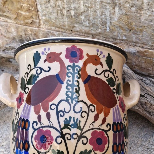 Vintage Handmade Greek Ceramic Vase Pot with Peacock Design, like new