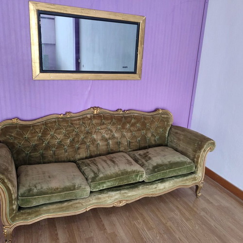 Ludovic carved sofa refurbished, gold-khaki velvet