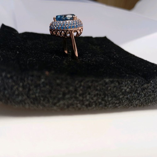 Silver 925 Ring Rose Gold Plated with London Blue Topaz Pear and 78 Blue Zircons new