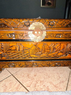 Vintage carved camphor wood chest used, 70cm