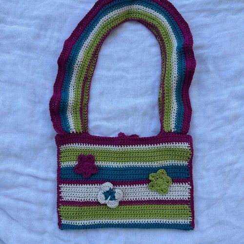 Knitted shoulder bag new, colorful with 3D flowers and butterflies