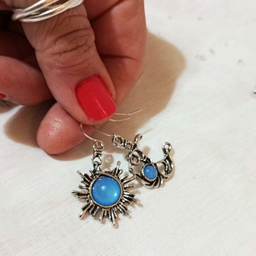 Boho earrings Moon and Sun with blue stones new