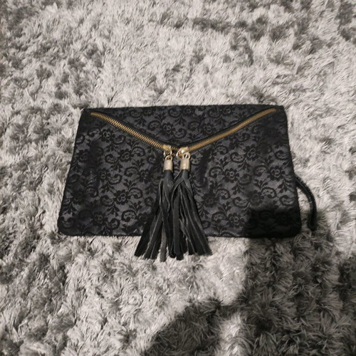 Handbag used, black with lace and tassel details