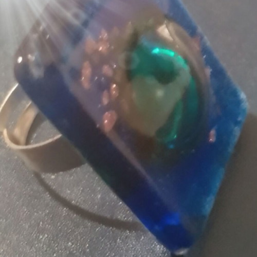 Handmade glass ring in blue and green with gold flakes, new, adjustable