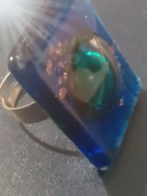 Handmade glass ring in blue and green with gold flakes, new, adjustable