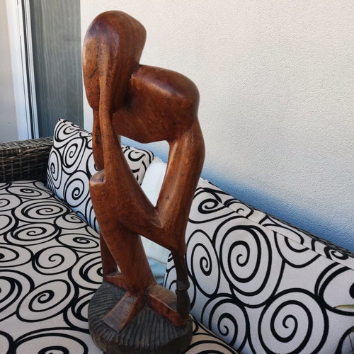 Wooden sculpture man thinking used, large handmade