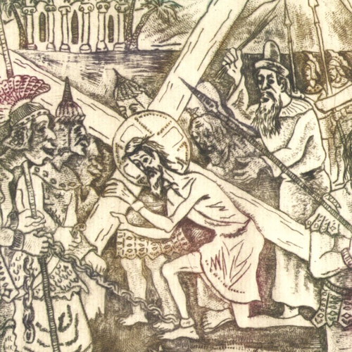 The Carrying of the Cross engraving print new, dry needle technique