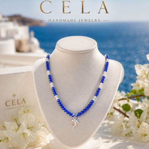 Handmade Sea Dolphin Necklace with Beads, Crystals and Silver Pendant