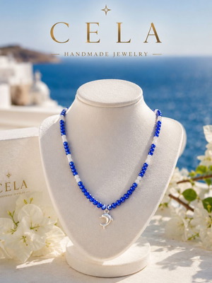 Handmade Sea Dolphin Necklace with Beads, Crystals and Silver Pendant