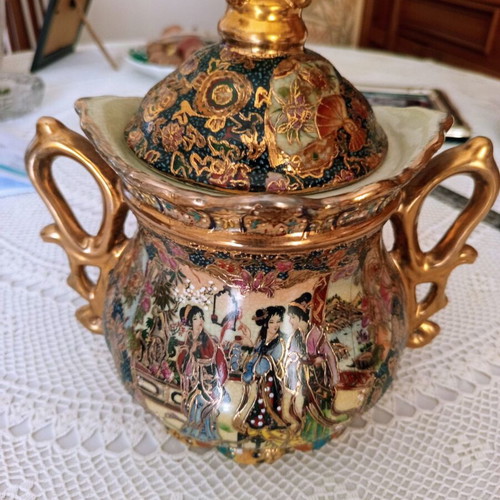 Vintage Japanese Satsuma porcelain jar with lid and gold handles