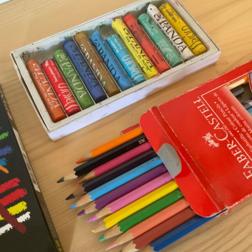 Colored pencils and wax crayons used Faber Castel & Panda