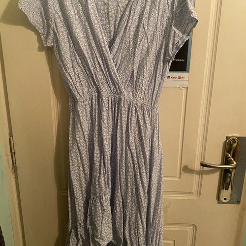 Floral maxi dress like new, asymmetrical hem, turquoise and white