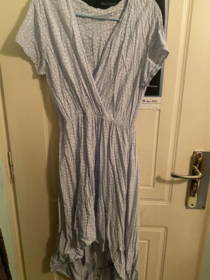 Floral maxi dress like new, asymmetrical hem, turquoise and white