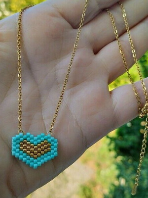 Steel necklace pendant with double heart made to order, turquoise and gold