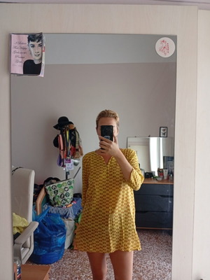 Loose blouse dress, brown and yellow, size M