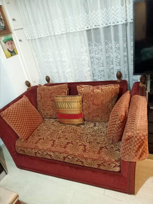 Sofas set of two, like new, burgundy and gold, two- and three-seater