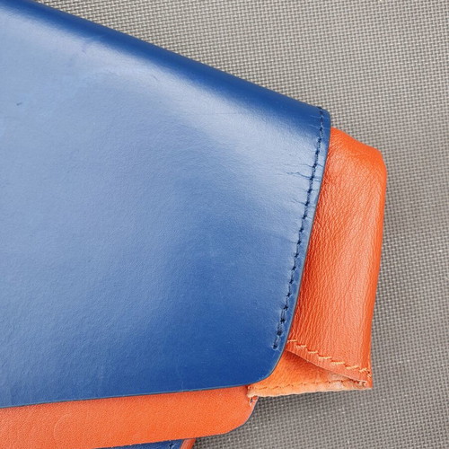 Zara genuine leather envelope clutch bag, blue and orange
