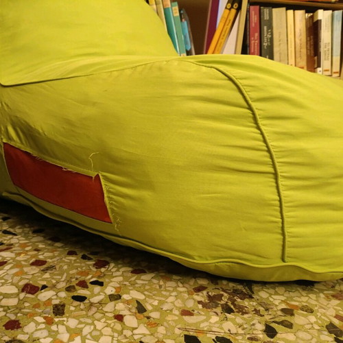Inflatable bean bag chair used, green color, foam filling