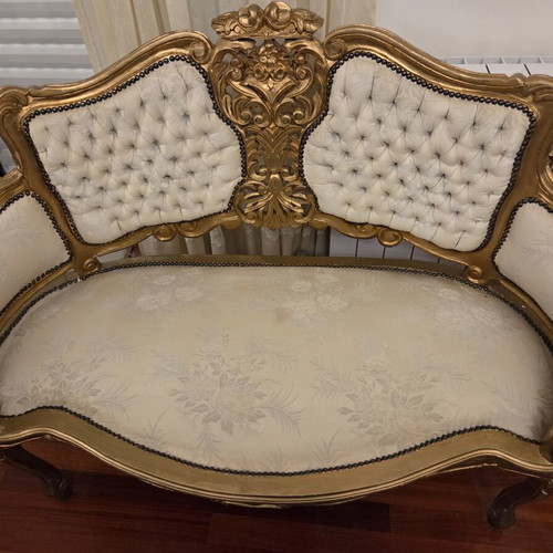 Antique living room set used, gold carved two-seater sofa and 2 armchairs