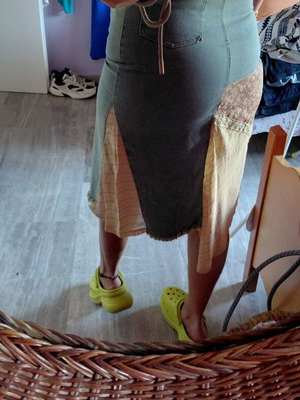 Vintage asymmetrical patchwork skirt used, M/L, beige and blue