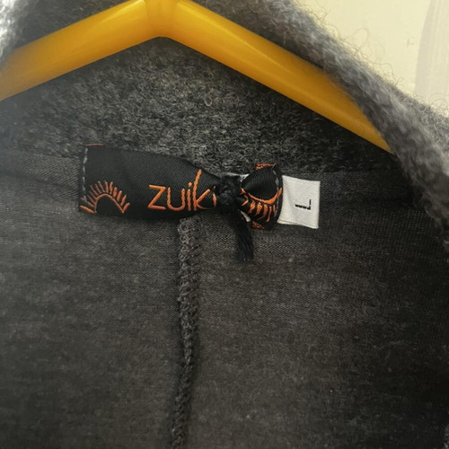 Boho asymmetrical Zuiki cardigan used, charcoal black, floral details