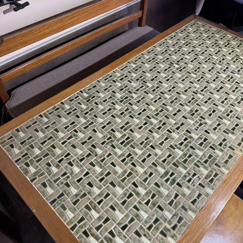 Handmade solid beech wood dining table with mosaic tiles and seating