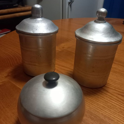 Vintage aluminum kitchen containers used, 1930s decade