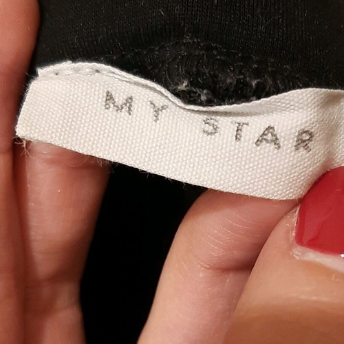 My Star women's pants Medium with stripes and side slit, like new, black-red