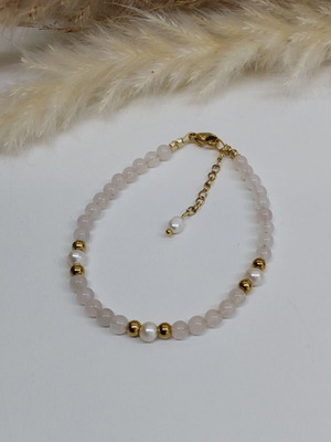 Handmade stainless steel bracelet with rose quartz and pearls new