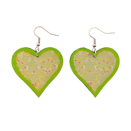 Handmade wooden heart earrings green lime
