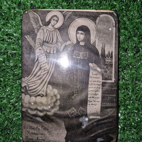 Metal icon used, Holy Monastery with gold-blue tones